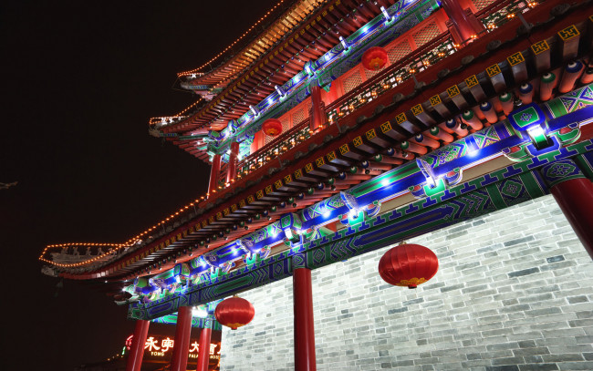 Обои картинки фото города, пекин , китай, крыша, огни, пагода