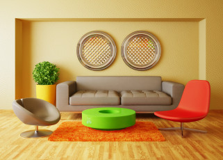 обоя 3д графика, реализм , realism, interior, room, modern, гостиная, кресла, мебель, диван