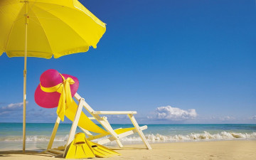 Картинка природа тропики песок море шезлонг шляпа ласты зонт пляж