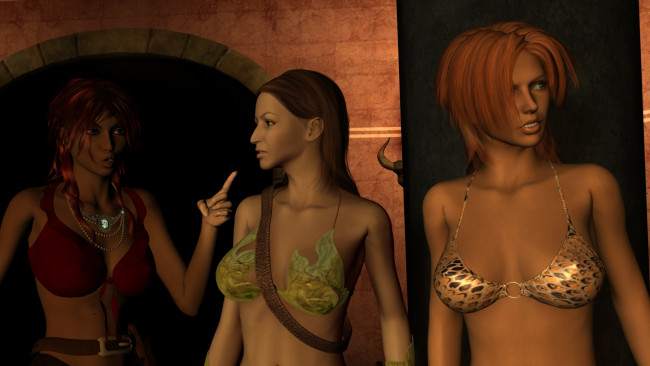 Обои картинки фото 3д графика, фантазия , fantasy, фон, взгляд, девушки