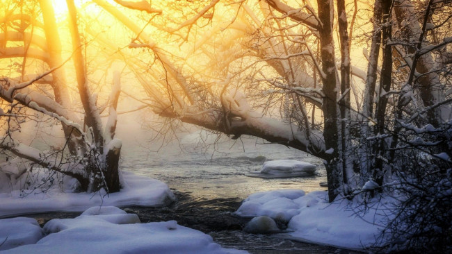 Обои картинки фото природа, реки, озера, закат, зима