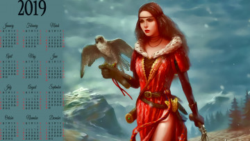 Картинка календари фэнтези птица сокол девушка 2019 женщина гора природа calendar