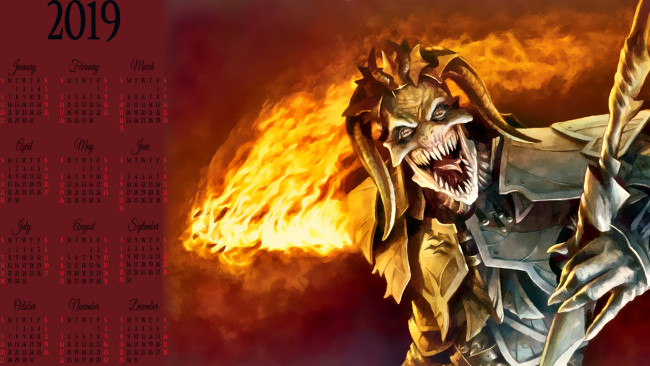 Обои картинки фото календари, фэнтези, огонь, 2019, calendar, пламя, существо, рога, монстр
