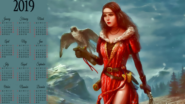 Обои картинки фото календари, фэнтези, птица, сокол, девушка, 2019, женщина, гора, природа, calendar