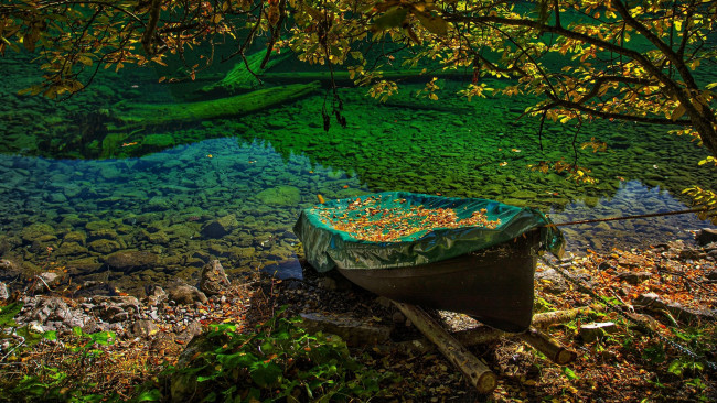 Обои картинки фото корабли, лодки,  шлюпки, осень, лодка, листья
