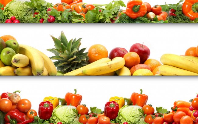 Обои картинки фото еда, фрукты, овощи, вместе, помидоры, перец, бананы, яблоки, зелень, томаты