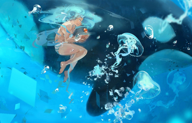 Обои картинки фото аниме, vocaloid, медуза, девочка, море