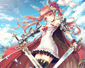 Картинка аниме -weapon +blood+&+technology небо девушка бант плащ ушки цветы оружие облака город самолеты мечи броня