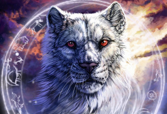 Картинка рисованные животные +сказочные +мифические круг морда волк красные глаза символы
