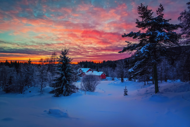 Обои картинки фото природа, зима, небо, облака, закат, вечер, краски, снег, лес, дом
