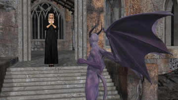 Картинка 3д+графика фантазия+ fantasy девушка взгляд фон демон монашка