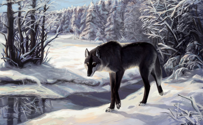 Обои картинки фото рисованное, животные,  волки, лес, снег, река, волк