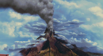 обоя рисованное, природа, вулкан, извержение, облака