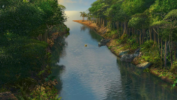 Картинка рисованное природа деревья камни водоем