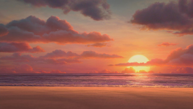 Обои картинки фото рисованное, природа, берег, солнце, облака, песок, водоем