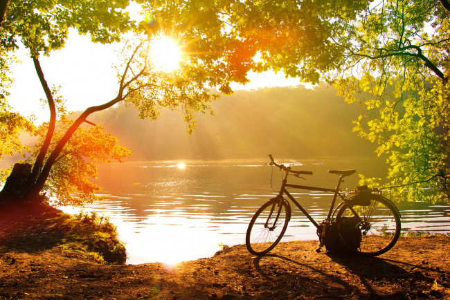 Обои картинки фото техника, велосипеды, велосипед, озеро, осень