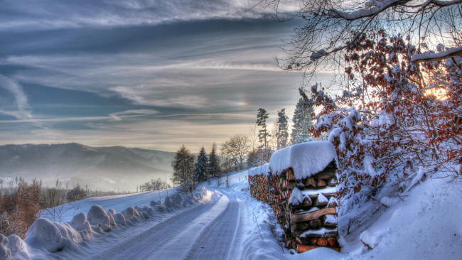 Обои картинки фото природа, дороги, зима, дрова