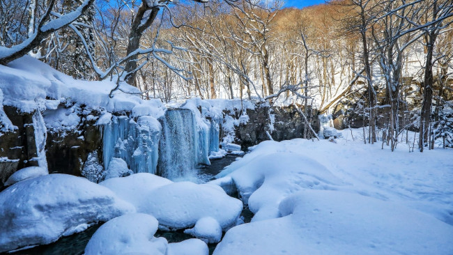 Обои картинки фото природа, водопады, снег, река