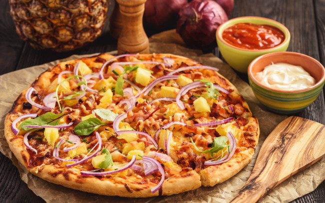 Обои картинки фото еда, пицца, ананас, соус