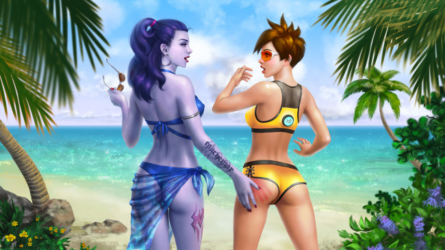 Обои картинки фото видео игры, overwatch, девушки, фон, униформа, пляж, море