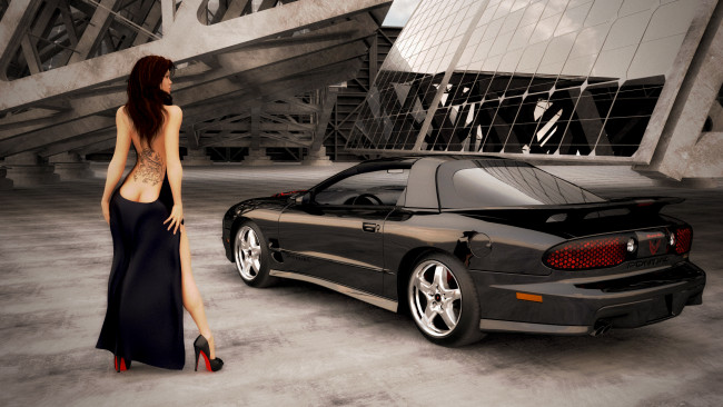 Обои картинки фото автомобили, 3d car&girl, фон, автомобиль, девушка, взгляд