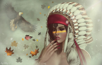 Картинка 3д+графика портрет+ portraits девушка ястреб фон головной убор лицо листья раскрас перья