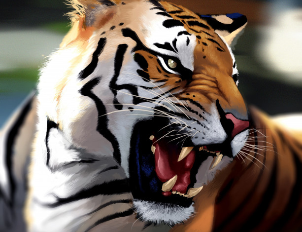 Обои картинки фото рисованное, животные,  тигры, ярость, арт, оскал, морда, тигр