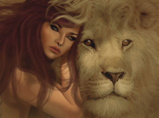 Обои картинки фото 3д графика, портрет , portraits, взгляд, волосы, лицо, девушка, лев