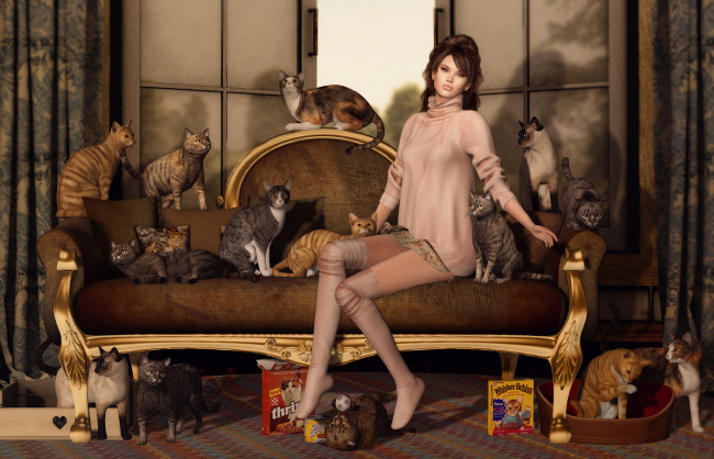Обои картинки фото 3д графика, люди , people, девушка, сидит, диван, кошки, волосы, ножки, лицо, коты