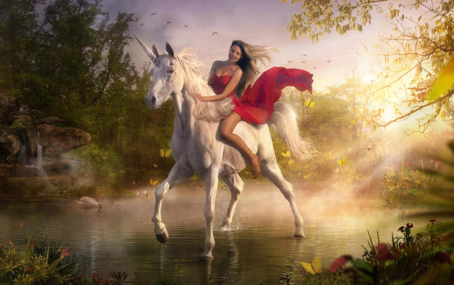 Обои картинки фото разное, компьютерный дизайн, закат, лошадь, единорог, девушка