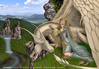 Картинка календари фэнтези 2019 calendar природа водопад девушка дракон