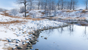 Картинка 3д+графика природа+ nature снег река