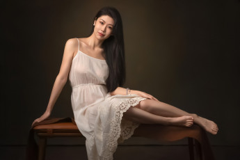 Картинка девушки -+азиатки lee hu женщины азиатки платье улыбается белое простой фон