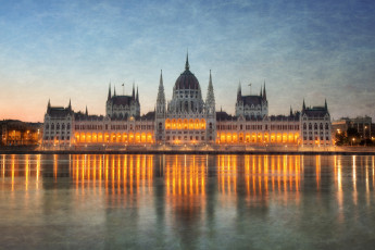 обоя города, будапешт, венгрия, огни, парламент