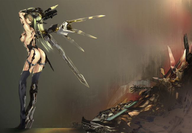 Обои картинки фото аниме, weapon, blood, technology, крылья, девушка