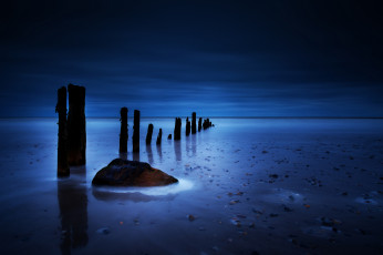 Картинка природа побережье берег камень ночь синее ракушки вода море брёвна