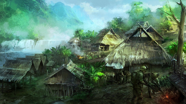Обои картинки фото фэнтези, люди, джунгли, деревня, солдаты, зачистка