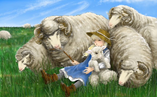 Обои картинки фото рисованное, дети, пастушка, небо, трава, луг, шляпа, рога, овечки, сон