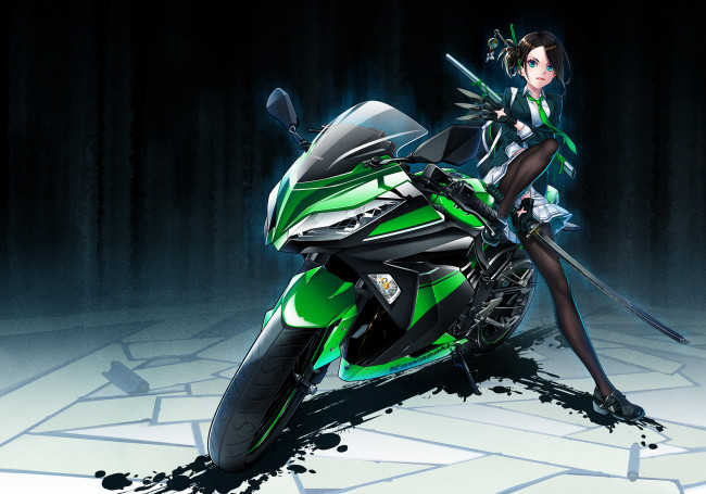 Обои картинки фото аниме, оружие,  техника,  технологии, девушка, мотоцикл, hamada, youho, меч