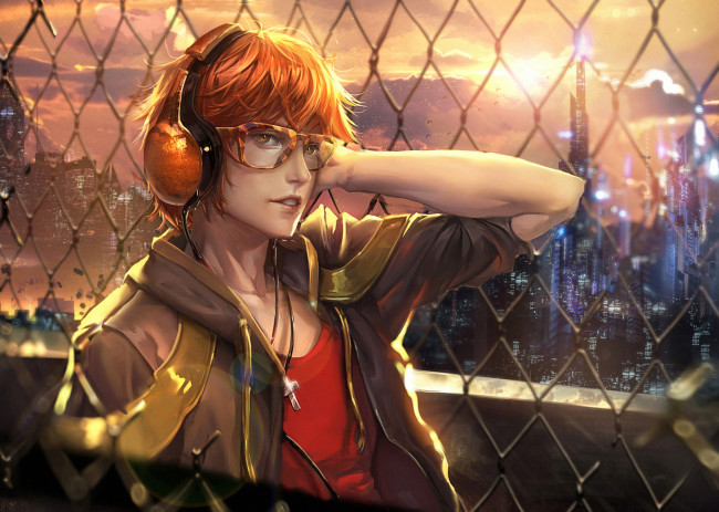 Обои картинки фото аниме, mystic messenger, взгляд, забор, арт, парень, очки, наушники