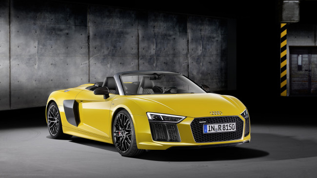 Обои картинки фото audi r8 v10 spyder 2017, автомобили, audi, v10, r8, жёлтый, 2017, spyder