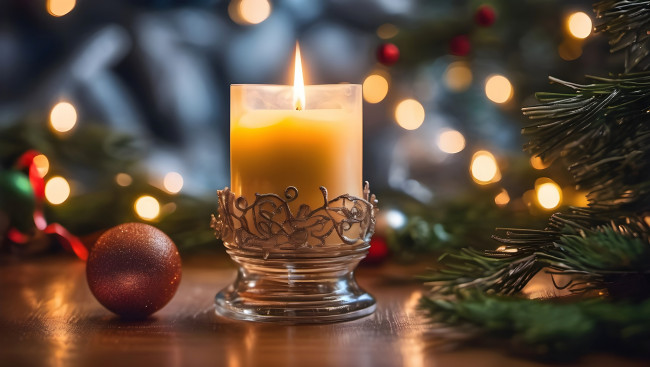 Обои картинки фото праздничные, новогодние свечи, свеча, огонек, подсвечник, шарик