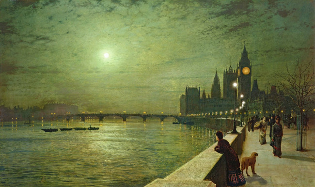 Обои картинки фото john atkinson grimshaw, рисованное, живопись, джон, эткинсон, гримшоу, луна, набережная, парапет, мост, река, фонари, лодки, биг, бен, лондон, англия