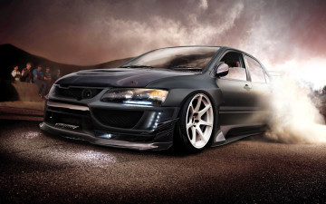 обоя mitsubishi lancer evolution, автомобили, mitsubishi, черный, дрифт, дым, люди