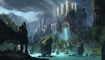 Картинка фэнтези пейзажи река водопады замок крепость