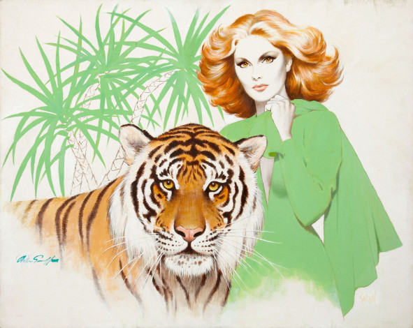 Обои картинки фото arthur, saron, sarnoff, рисованные, тигр, девушка