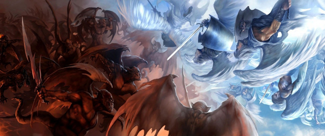 Обои картинки фото фэнтези, демоны, арт, sakimichan, битва, добро, зло, ангелы, оружие, меч, крылья
