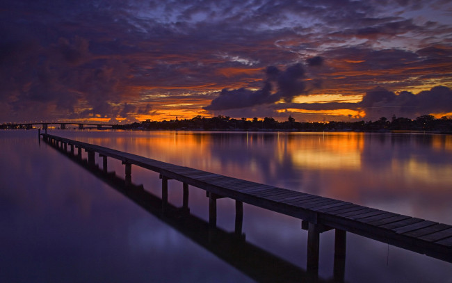Обои картинки фото природа, восходы, закаты, озеро, мостки, закат