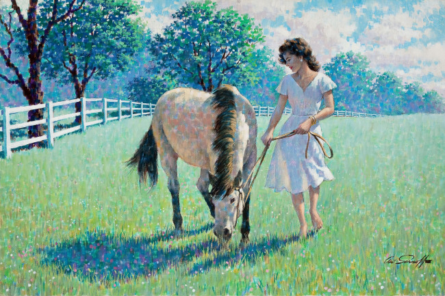 Обои картинки фото arthur, saron, sarnoff, рисованные, луг, девушка, лошадь