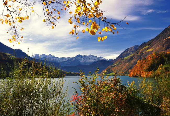 Обои картинки фото природа, реки, озера, вода, горы, деревья, листья, осень